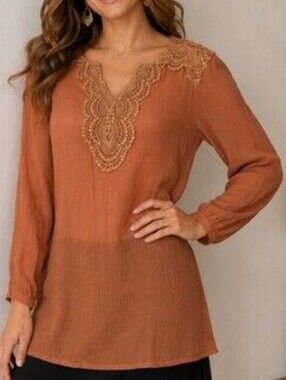 Indigo Soul Womens Rust Lace-Trim Long-Sleeve Blouse 3X